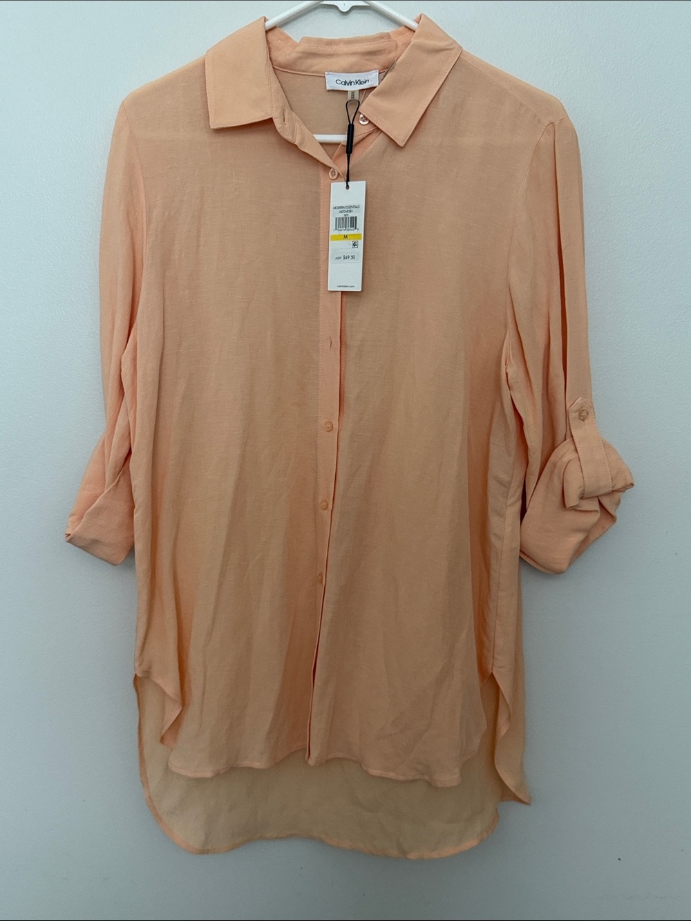 Calvin Klein Peach Roll-Sleeve Button Front Tunic